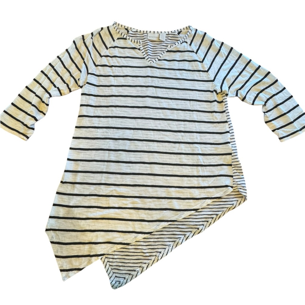 Chico’s‎ Striped Asymmetrical Hem Top – Size 1 (M) Black White Modal Blend
